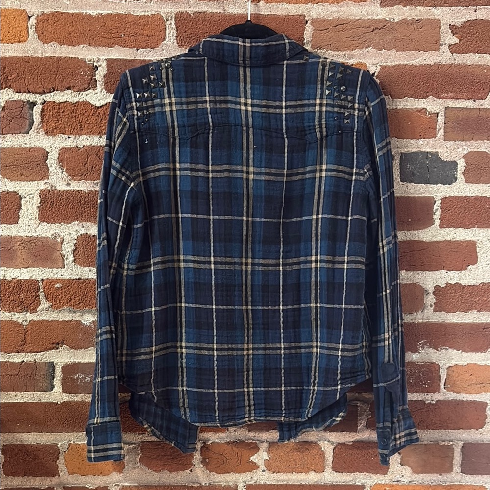 Free People Blue, Tan, White Embellished Button Down Plaid Shirt - Picture 6 of 8
